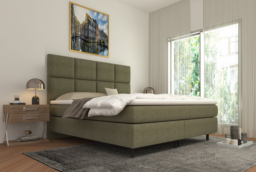 Boxspring Elite Groen - Met een 8 vaks Hoofdbord - Met een Gratis Topper